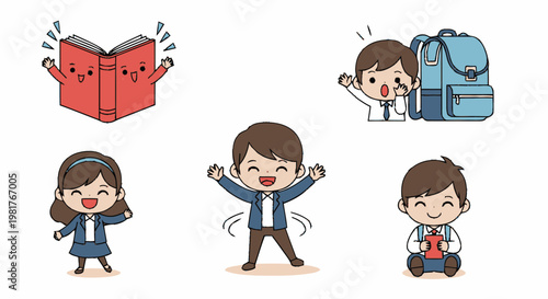 Group of Five Cartoon School Children Characters.