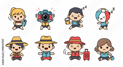 Cute Cartoon Characters Representing Travel and Vacation Activities.