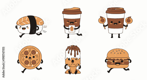 Group of six cute cartoon food and beverage characters.