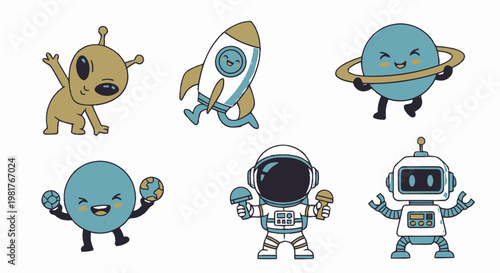 Cute Cartoon Space Character Set Including Alien Rocket.