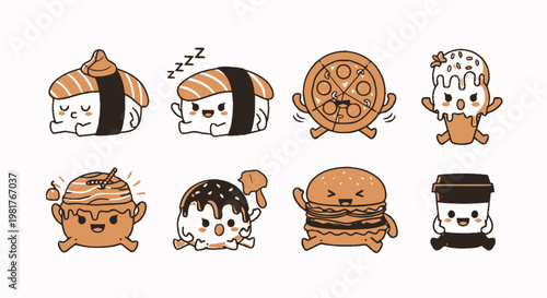 Cute Cartoon Food Characters - Sushi, Pizza, Ice Cream, Burger, Coffee.