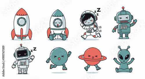 Cute Cartoon Space Characters and Rocket Ship Illustrations on White Background.