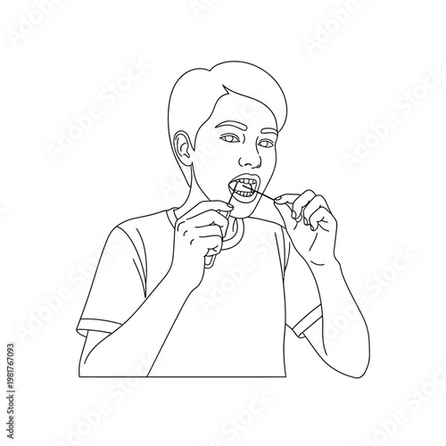 Young man flossing his teeth to maintain good oral hygiene and health.