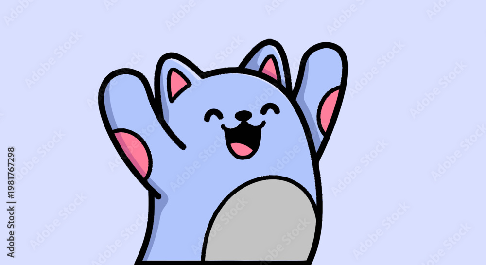 Fototapeta premium Happy Cartoon Cat with Raised Paws and Smiling Face.