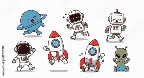 Cute Cartoon Space Characters Including Planets, Rockets, and Aliens.