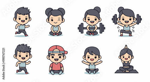 Cute Cartoon Characters Demonstrating Various Fitness Activities and Exercises.