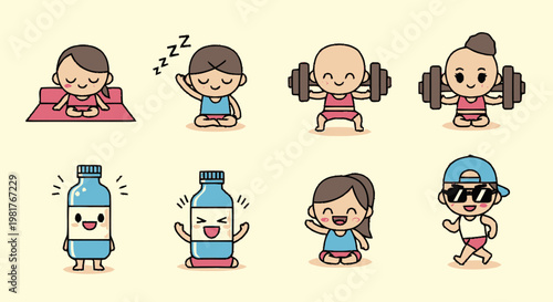 Cute Cartoon Characters Demonstrating Various Fitness Activities and Healthy Habits.