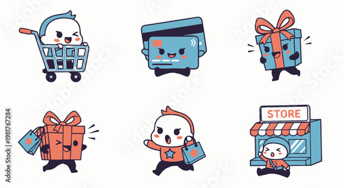 Cute Cartoon Characters Shopping, Buying Gifts, and Using Credit Cards.