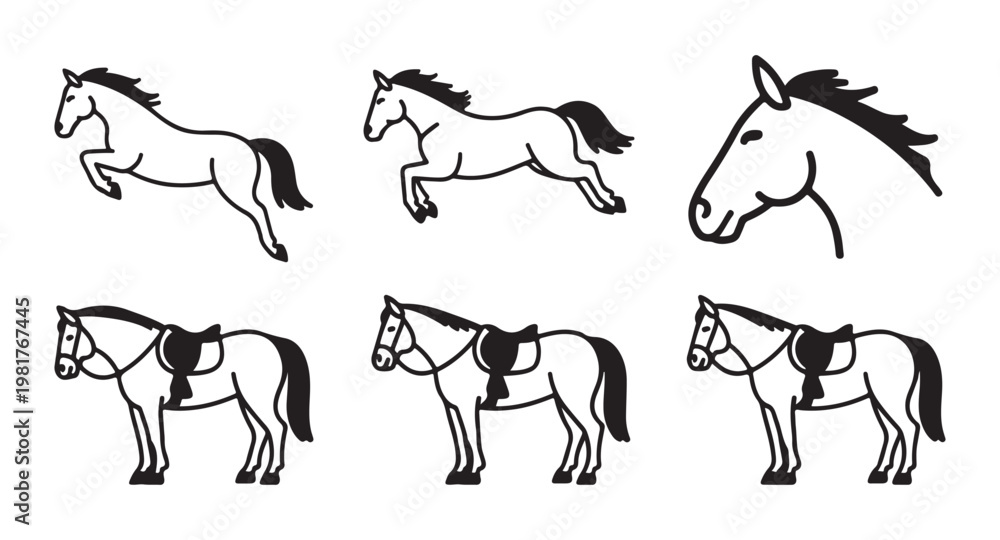 Fototapeta premium Set of outline and saddled horse icons showing jumping running and head details isolated on white.