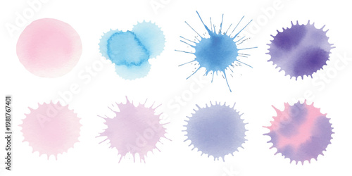 Set of colorful abstract watercolor paint splashes and blots isolated on white background