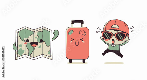 Cute cartoon travel characters with map, suitcase, and boy excited for vacation.
