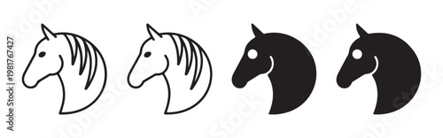 Four horse head icons in line art and solid fill styles isolated on a clean white background.