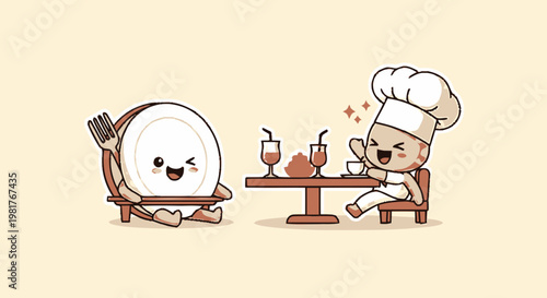 Cute Cartoon Chef and Plate Characters Dining Together at Table.