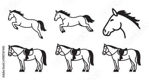 Set of outline and saddled horse icons showing jumping running and head details isolated on white.