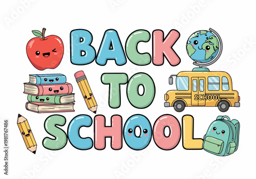 Back to school cartoon vector drawing with cute apple, books, pencils, globe, bus, and backpack for education