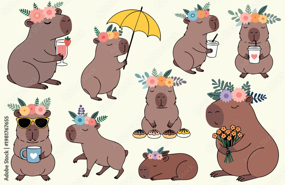 Fototapeta premium Cute Capybara Character Set Flat Vector Illustration, Kawaii Animal Collection for Stickers, Kids Design and Social Media