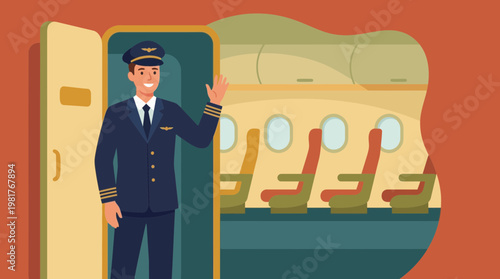 Friendly airline pilot waving from airplane cabin door illustration