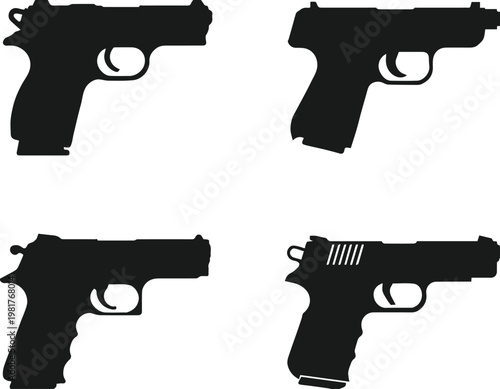 pistol silhouettes four handgun profiles grid vector illustrations