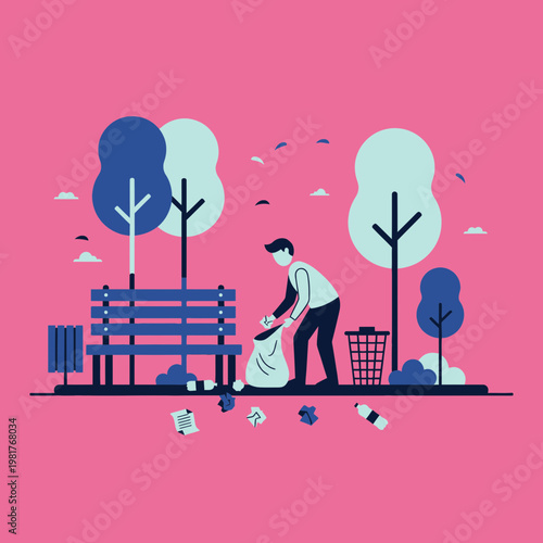 Man picking up trash in park.