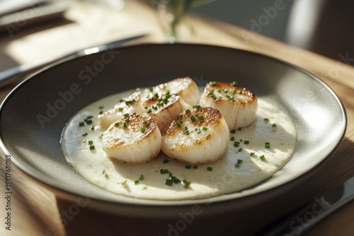Deliciously seared scallops served on a creamy sauce, garnished with fresh chives.