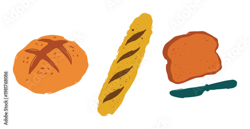 Bread loaf, baguette, toast with knife drawing, food illustration
