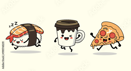 Cute Cartoon Sushi, Coffee Cup, and Pizza Slice Running Together.
