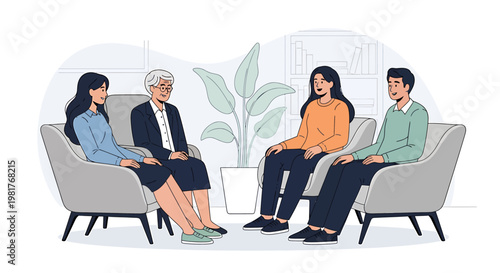 Professional Group Counseling Session for Mental Well-being and Personal Development in a Modern Office Setting