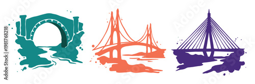 Bridge silhouettes set: Venetia, Golden Gate, Boston Bridges design