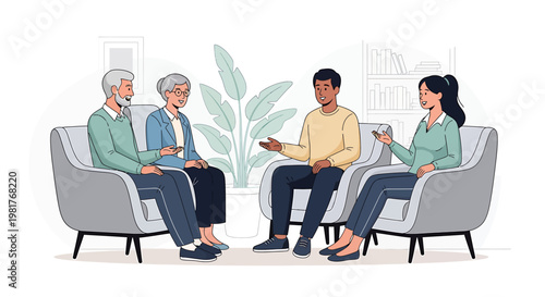 Diverse group of people, including seniors and younger adults, engaged in a supportive discussion or therapy session, promoting open communication and connection