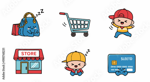 Cute hand drawn shopping icon set with characters.