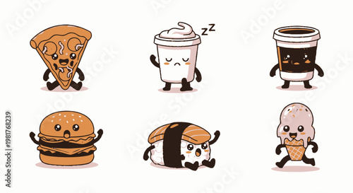 Cute kawaii cartoon food character collection with faces.