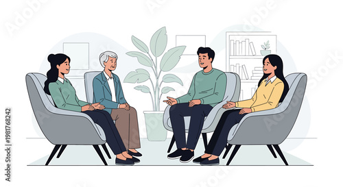 Professional group discussion and counseling session, fostering active listening and open communication among diverse participants in a supportive therapeutic environment