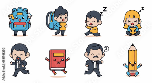 Cute kawaii education and office character icon set.
