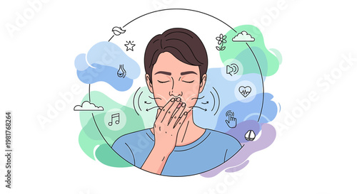 Mindful young man deeply breathing, surrounded by symbolic elements of nature, music, and well-being, illustrating inner peace, emotional balance, and holistic self-care