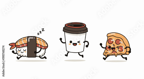 Cute kawaii sushi coffee and pizza characters.