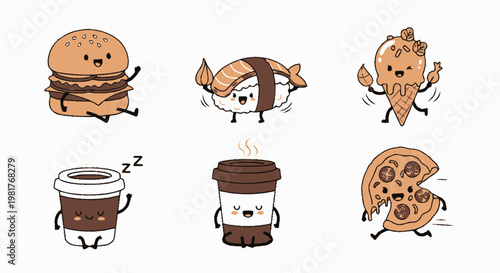 Cute kawaii food characters burger sushi chicken coffee pizza.