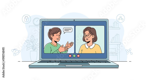 Online meeting or video conference call between two people on a laptop screen, illustrating remote communication and virtual collaboration for business or personal connections