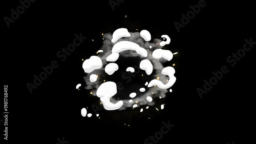 Flash smoke explosion, cartoon hand drawn smoke burst elements, anime spark light energy blast, dust puff transition fx, cinematic cartoon explosion on black screen background 4k