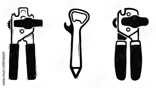 Can opener and bottle opener linocut illustration set.