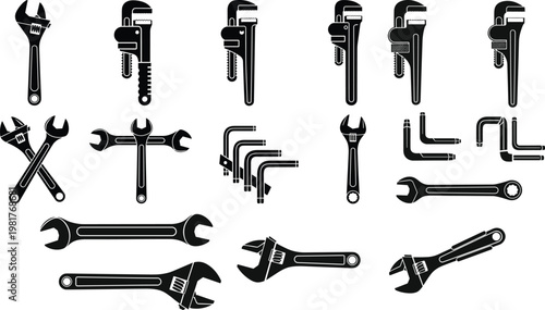 Photos Hand Tool Icon Set, Featuring Pipe Wrenches, Spanners, and Allen Wrenches in Min