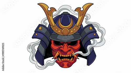 This image presents a traditional samurai helmet adorned with intricate details and bold colors, capturing the fierce spirit of the warrior and the rich cultural heritage of Japan.