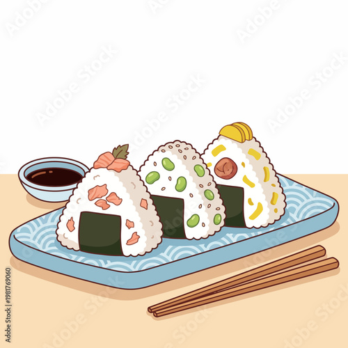 An artistic arrangement of Japanese onigiri sushi rolls served on a traditional plate, highlighting freshness, culinary art, and a love for gourmet cuisine.