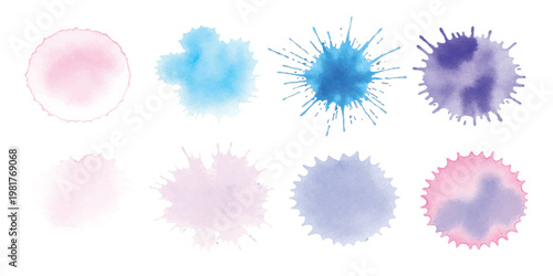 Set of eight watercolor texture splatters and blots in soft pastel colors on a white background
