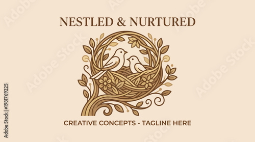 This image features a soothing and elegant logo design depicting two birds nestled among branches and leaves, symbolizing care, growth, and nature's harmony.