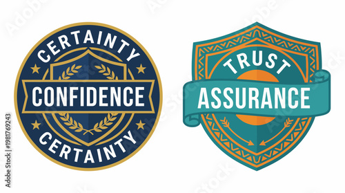 This image features badges highlighting themes of certainty and confidence, using rich colors and elegant design to convey trust and reliability in branding or presentations.
