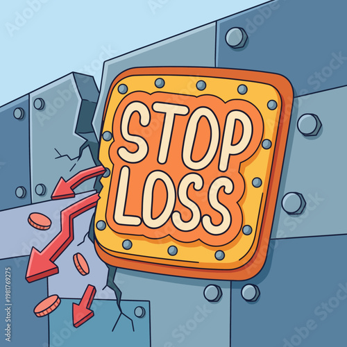 A dynamic illustration portraying the concept of stop loss in finance, displaying vibrant colors and engaging visuals that capture attention in a playful style.