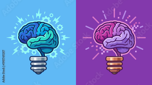 This vibrant illustration depicts a human brain intertwined with gears and a light bulb, symbolizing creativity and innovative ideas, set against contrasting blue and purple backgrounds.