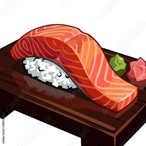 This delicious salmon nigiri sushi, elegantly presented on a wooden plate with wasabi and pickled ginger, showcases the artistry of Japanese cuisine and culinary craftsmanship.