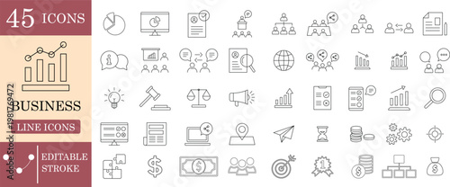 45 Business line icons set including corporate strategy, finance, marketing and management workflow symbols with editable stroke. Set of vector icons.