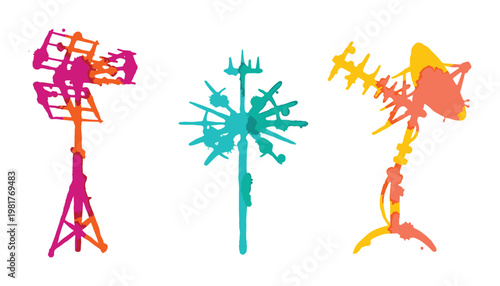 Colorful antenna silhouette set, abstract splatter style vector illustration design